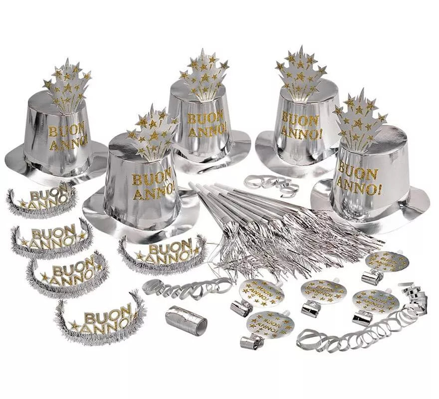 Kit Cotillón Buon Anno Plateado para 10 personas