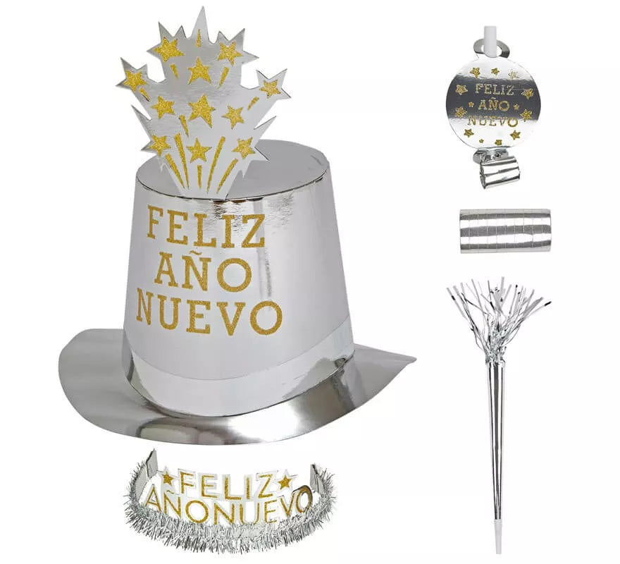 Kit Cotillón Feliz Año Nuevo Plateado para 10 personas