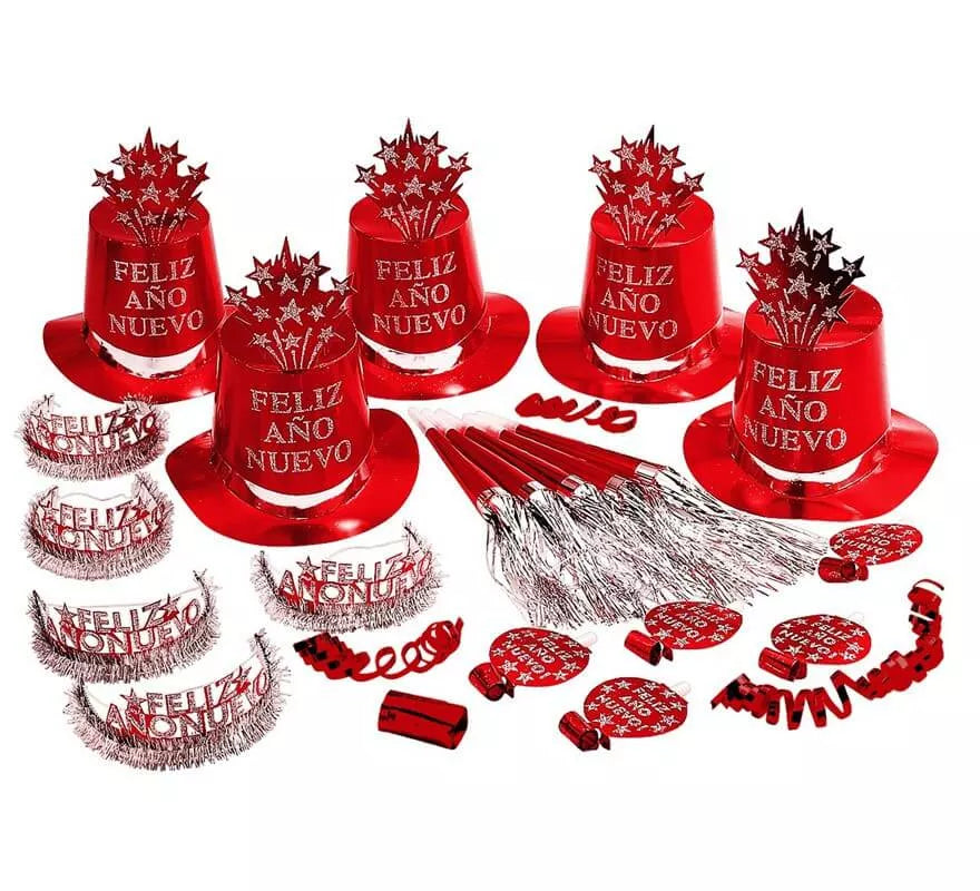 Kit Cotillón Feliz Año Nuevo Rojo para 10 personas