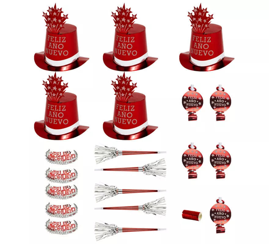 Translation missing: en.Kit Cotillón Feliz Año Nuevo Rojo para 10 personas