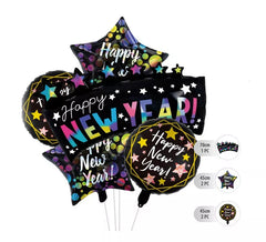 Kit of 5 Happy New Year Black Foil Balloons