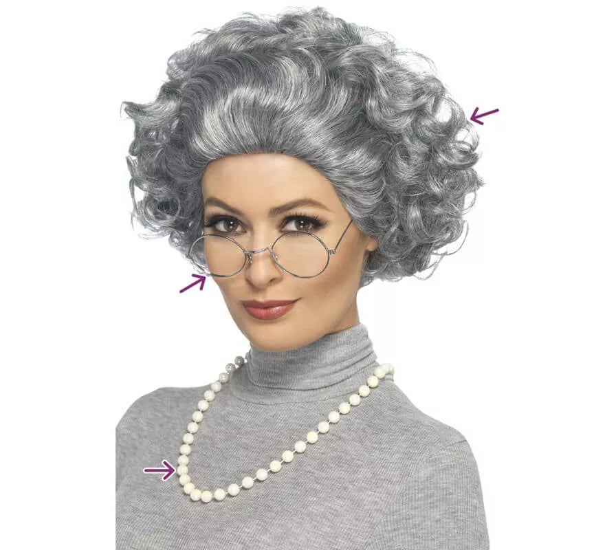 Kit de abuelita: Peluca, Gafas y Collar de perlas