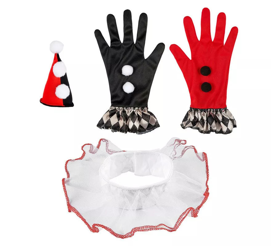 Kit de Arlequín Rojo y Negro: Mini Sombrero, Guantes y Gorguera
