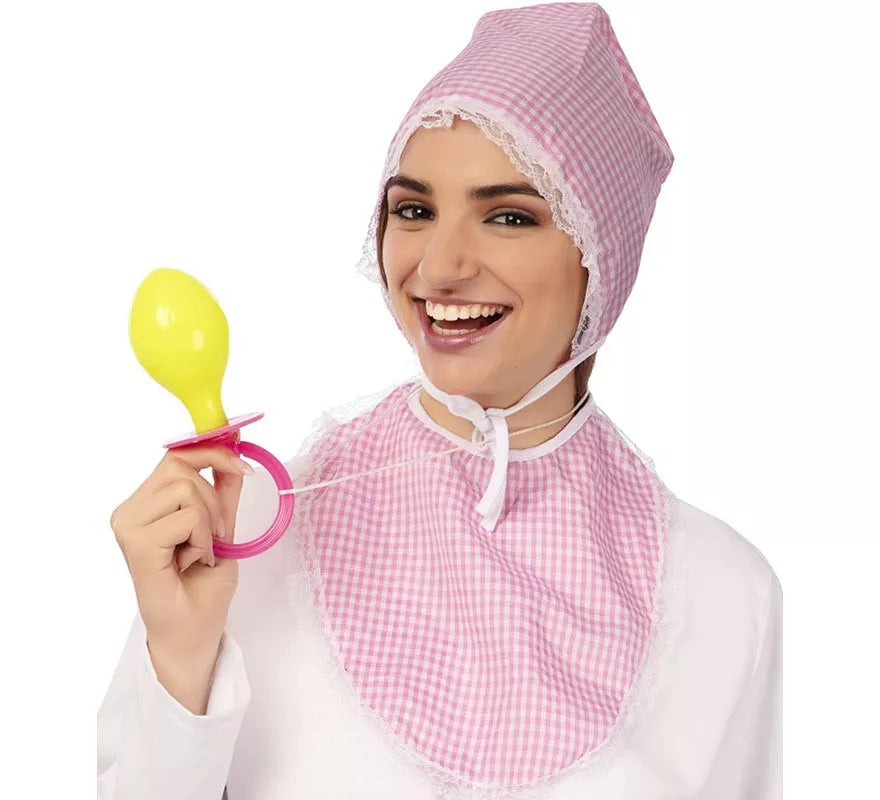 Kit de Bebé rosa adulto: Gorro, babero y chupete