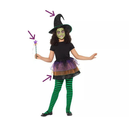 Kit de Bruja Hermosa para niña: Tutú, Sombrero y Varita