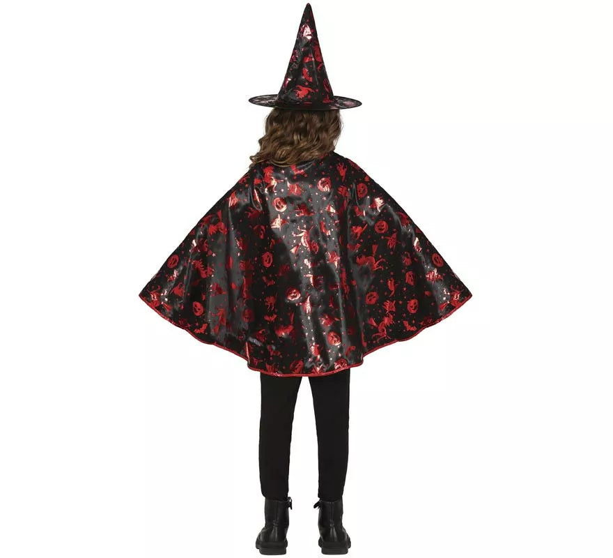 Kit de Bruja negro y rojo Infantil: Capa y Sombrero