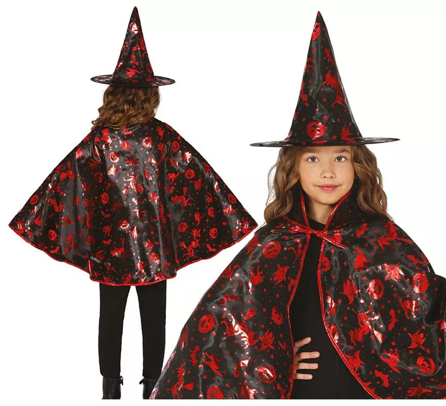 Kit de Bruja negro y rojo Infantil: Capa y Sombrero