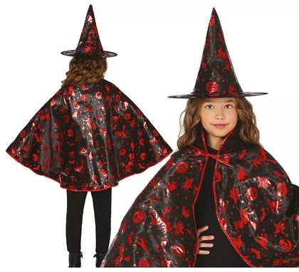 Kit de Bruja negro y rojo Infantil: Capa y Sombrero