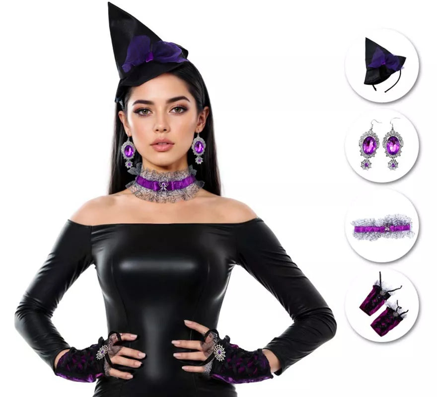 Kit de Bruja: Pendientes, Gargantilla, Diadema Mini Sombrero Bruja y Mitones