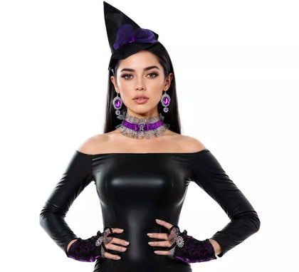Kit de Bruja: Pendientes, Gargantilla, Diadema Mini Sombrero Bruja y Mitones
