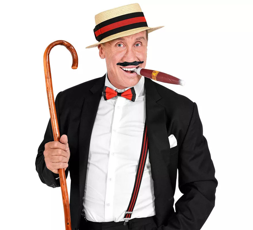 Kit de Caballero de los años 20: Sombrero, Tirantes, Pajarita, Puro y Bigote