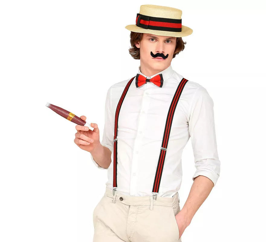 Kit de Caballero de los años 20: Sombrero, Tirantes, Pajarita, Puro y Bigote