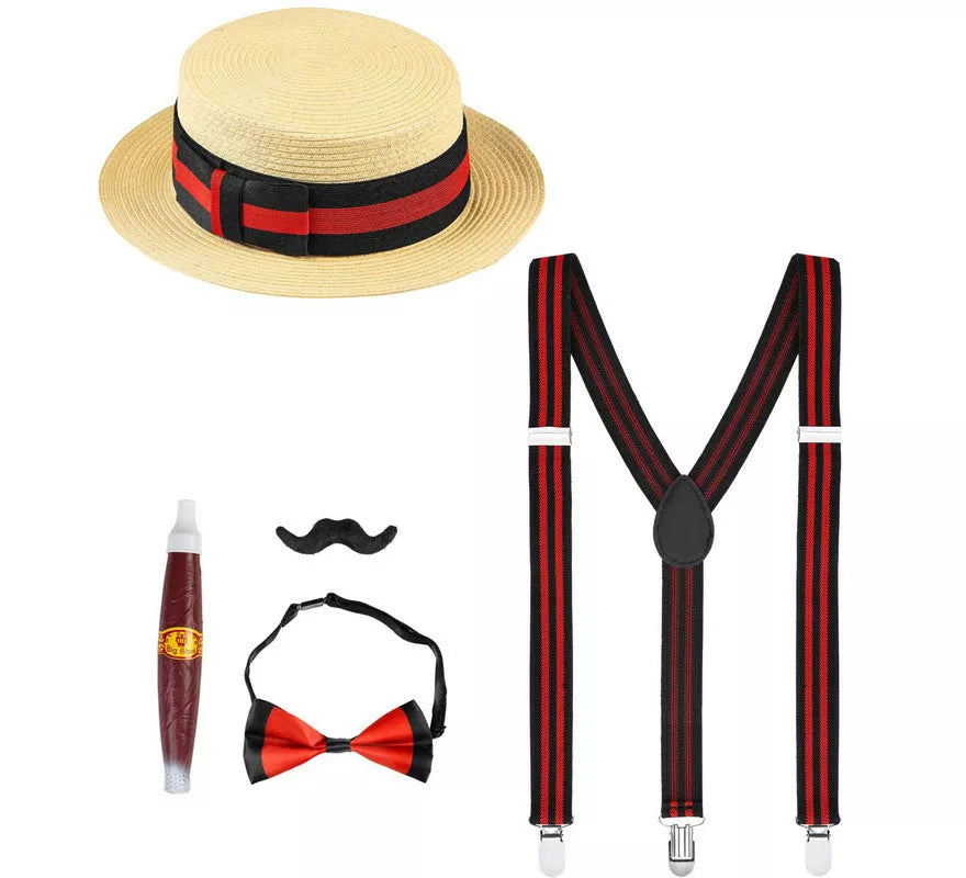 Kit de Caballero de los años 20: Sombrero, Tirantes, Pajarita, Puro y Bigote