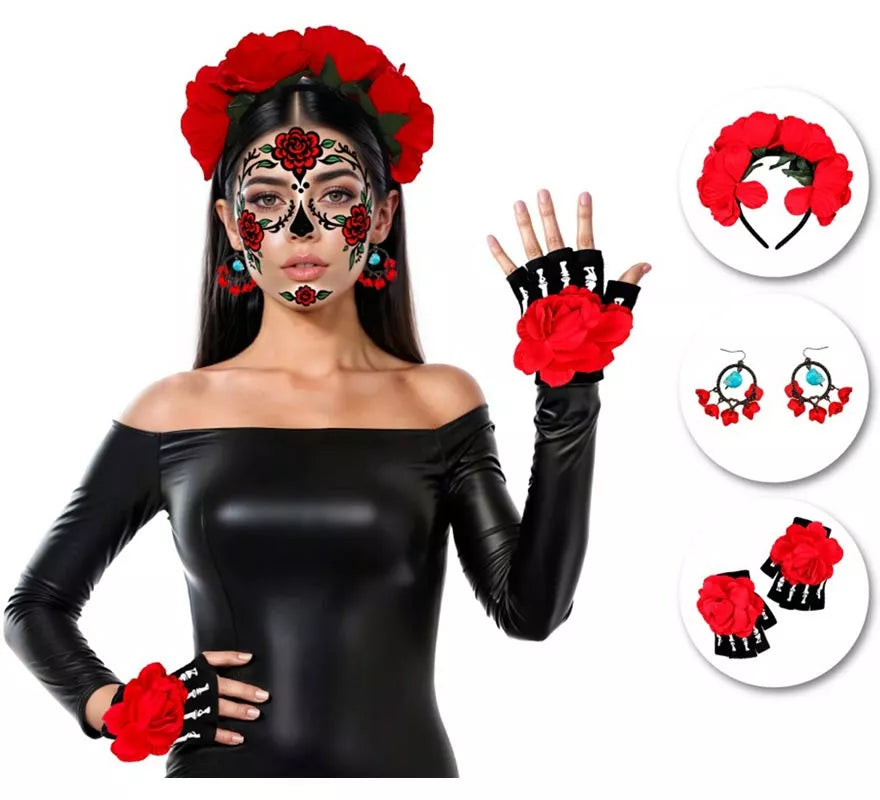 Translation missing: en.Kit de Catrina: Diadema, Pendientes y Mitones con Flor