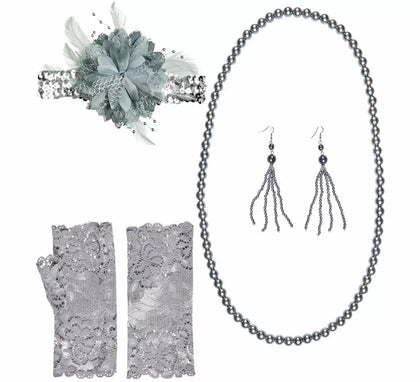 Kit de Charleston Años 20: Lazo, Pendientes, Collar y Guantes