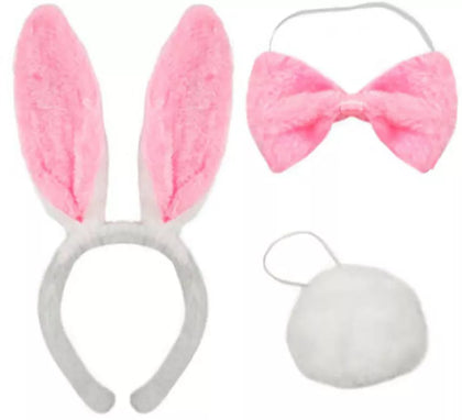 Kit de Conejo blanco y rosa: Diadema, Pajarita y Cola