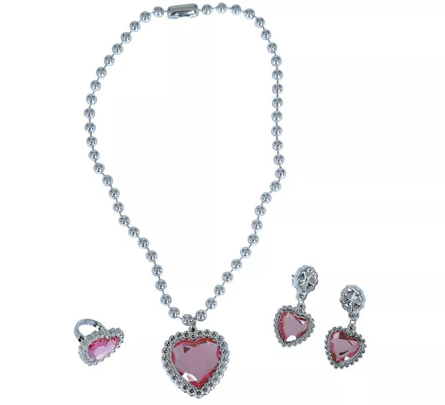 Kit de Corazón rosa infantil: Collar, Anillo y Pendientes