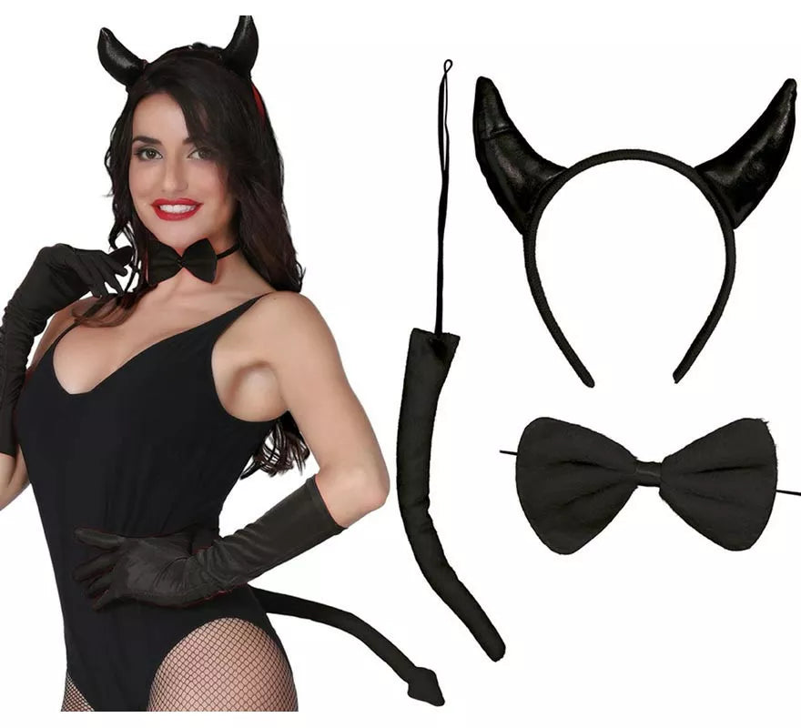 Kit de Demonio negro: Diadema, Pajarita y Cola