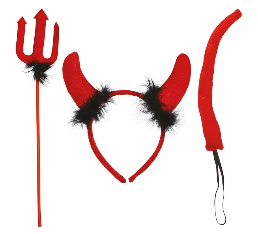 Kit de diablesa: Diadema de cuernos, tridente y cola