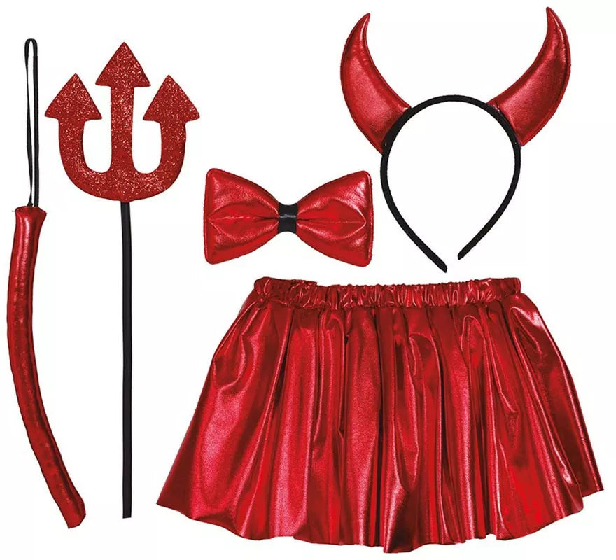 Kit de Diablesa Infantil: Tutú, Diadema, Pajarita, Cola y Tridente 30 cm