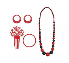 Red and black Flamenco Kit: Necklace, Earrings, Bracelet and Comb