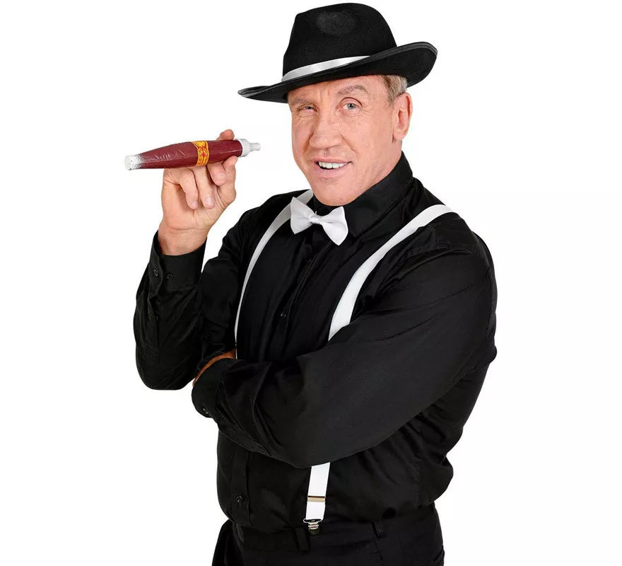 Kit de Gánster Blanco y Negro: Sombrero, Tirantes, Corbatín y Tabaco