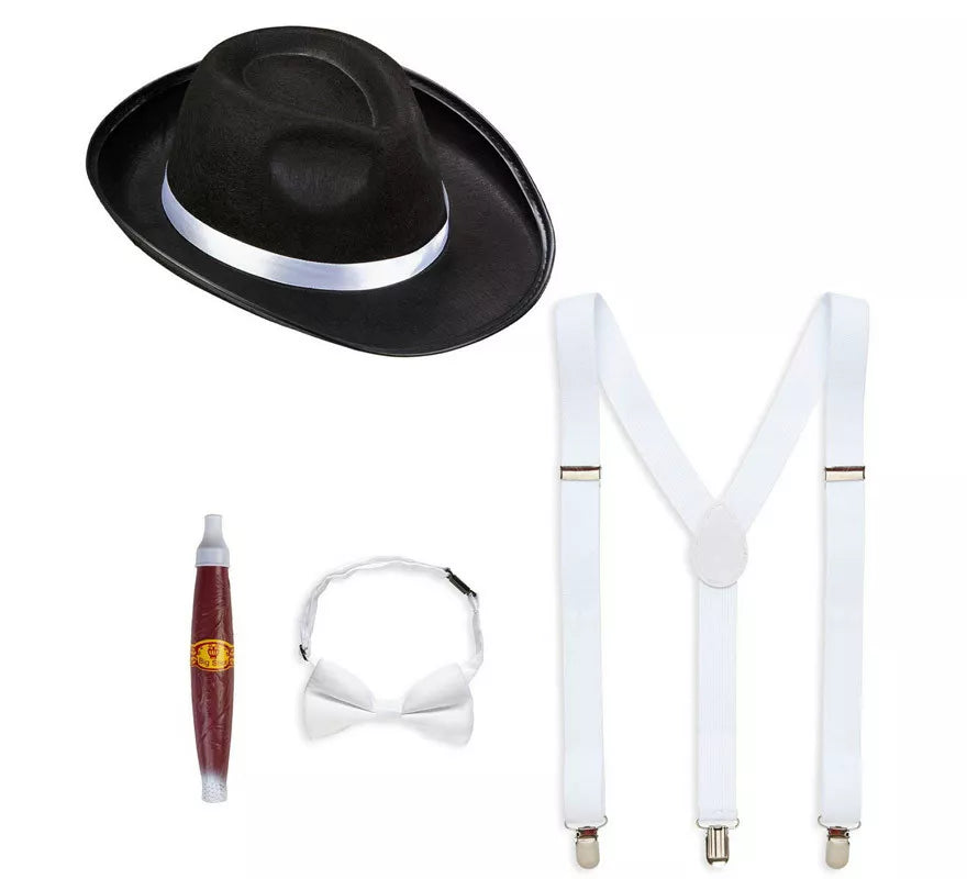 Kit de Gánster Blanco y Negro: Sombrero, Tirantes, Corbatín y Tabaco