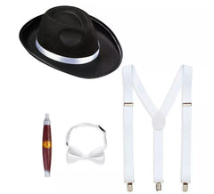Black and White Gangster Kit: Hat, Suspenders, Bowtie and Tobacco