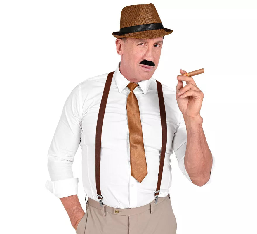 Kit de Gánster Marrón: Sombrero, Tirantes, Corbata, Bigote y Tabaco
