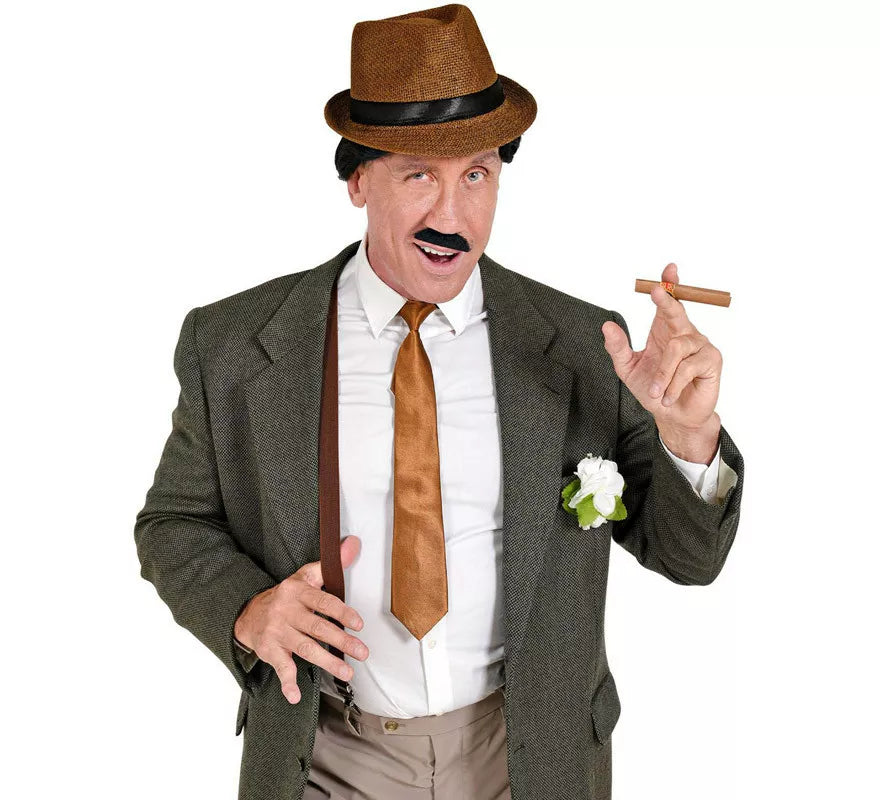Kit de Gánster Marrón: Sombrero, Tirantes, Corbata, Bigote y Tabaco