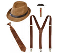 Kit de Gánster Marrón: Sombrero, Tirantes, Corbata, Bigote y Tabaco