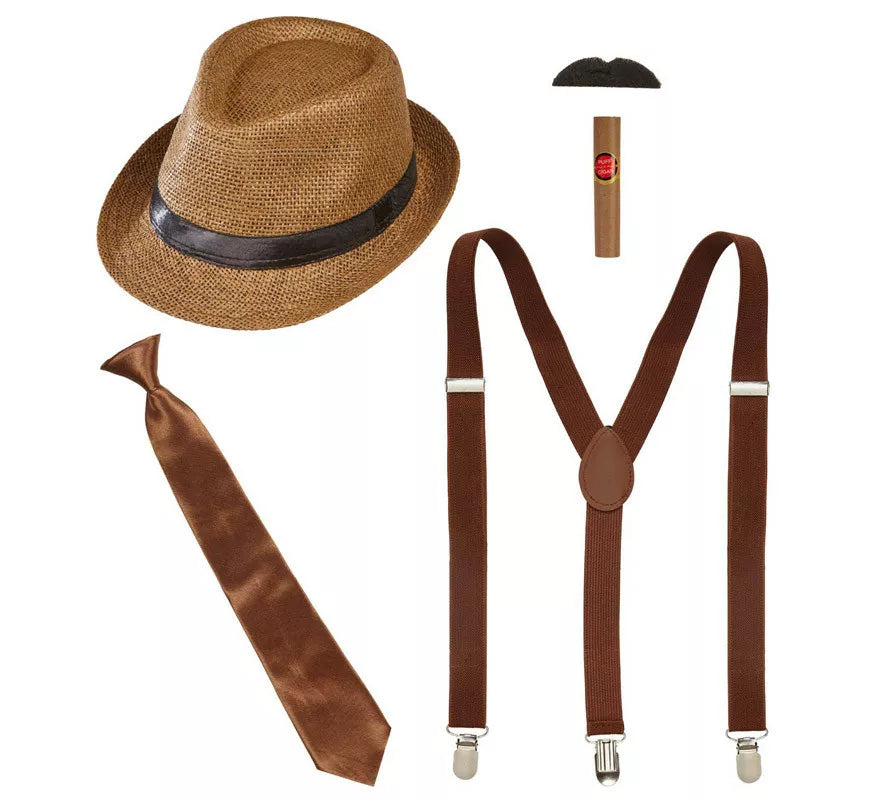 Kit de Gánster Marrón: Sombrero, Tirantes, Corbata, Bigote y Tabaco