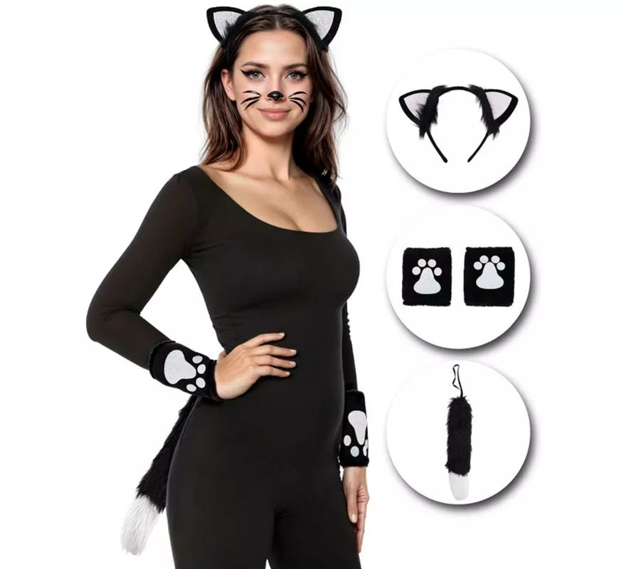 Kit de Gatito: Diadema, Muñequeras y Cola