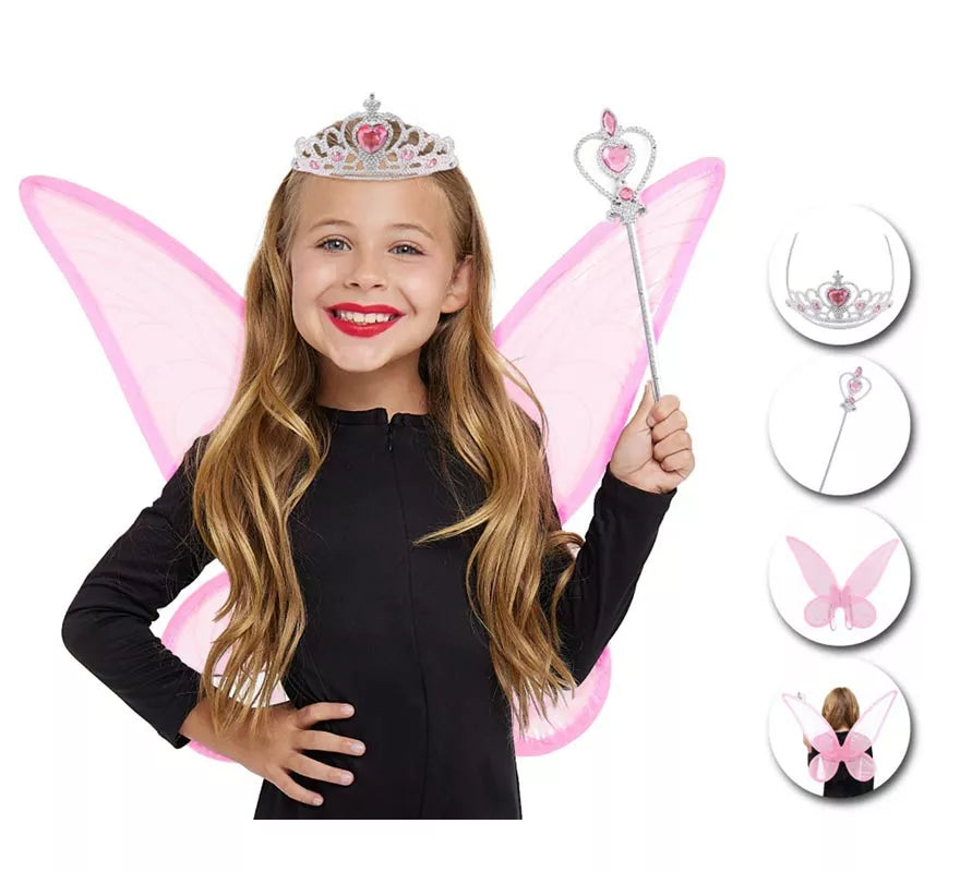 Kit de Hada Organza rosa infantil: Diadema, Varita y Alas