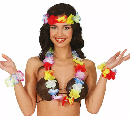 Kit de Hawaiana multicolor: Collar, tocado y pulseras