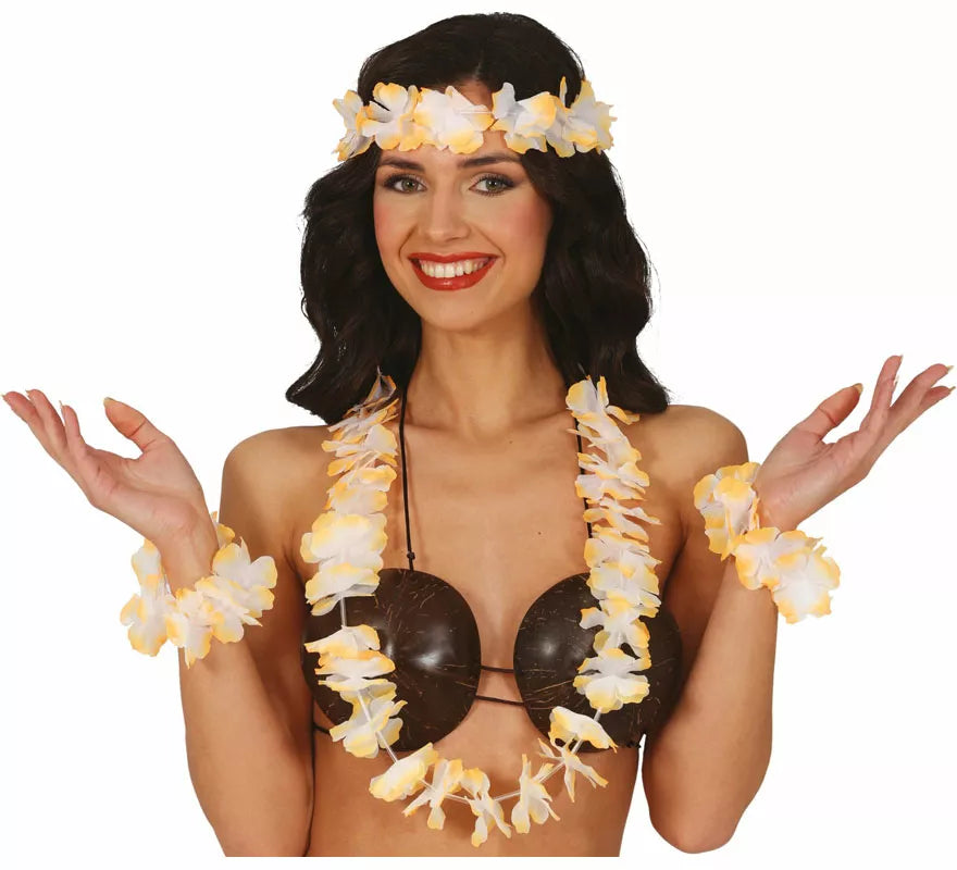 Kit de Hawaiana naranja: Collar, tocado y pulseras