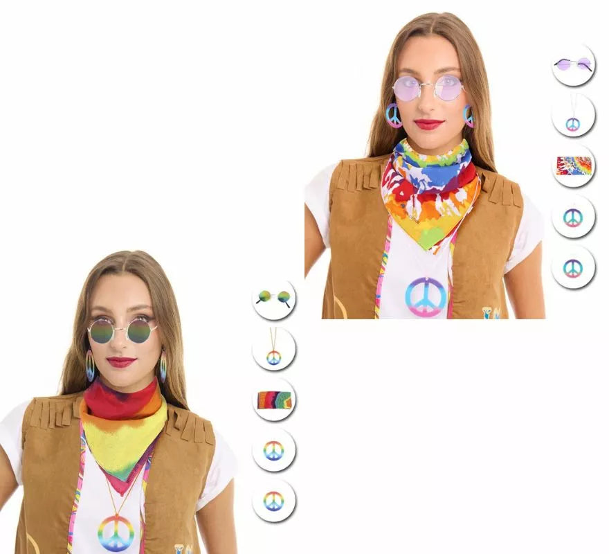 Kit de Hippie adulto: Gafas, Pendieañuelo y Collar en varios colores