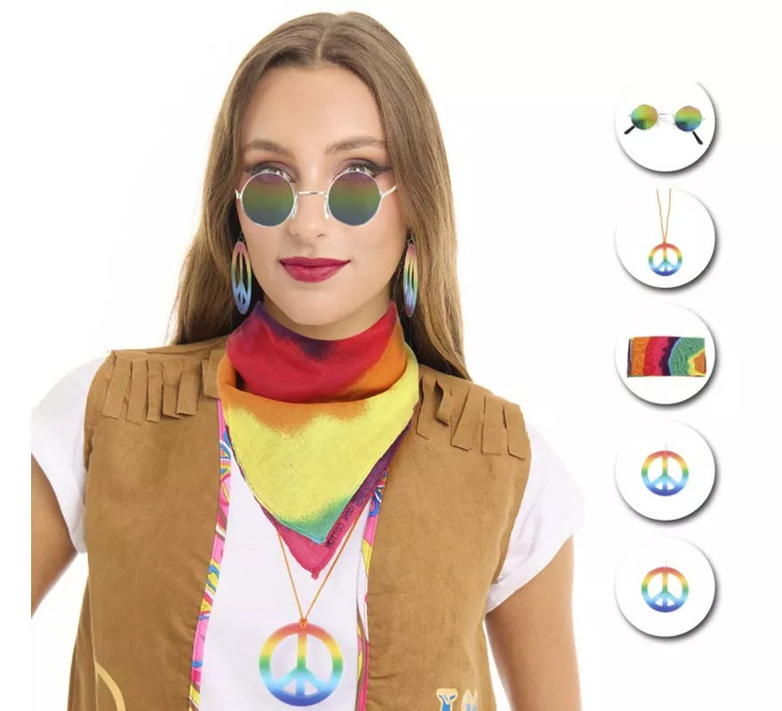 Kit de Hippie adulto: Gafas, Pendieañuelo y Collar en varios colores