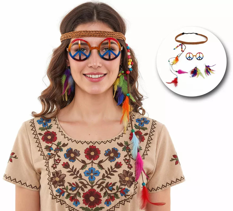 Kit de Hippie: Gafas, Pendientes y Cinta con Plumas