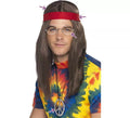 Kit de Hippy Marrón: Peluca, Gafas, Medallón y Cinta roja