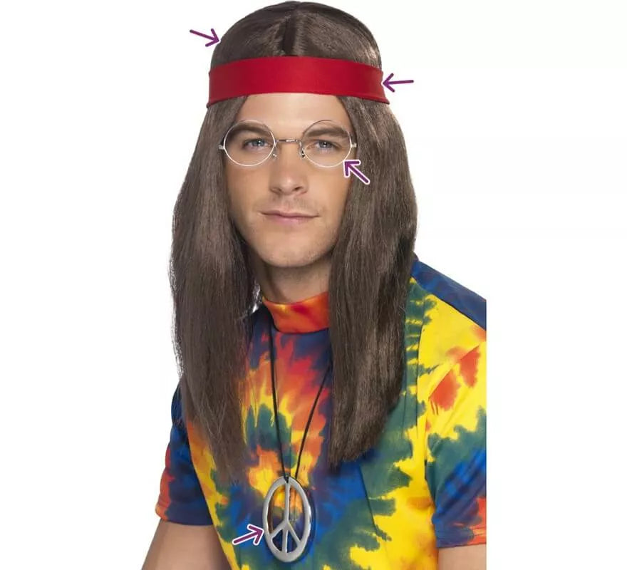 Translation missing: en.Kit de Hippy Marrón: Peluca, Gafas, Medallón y Cinta roja