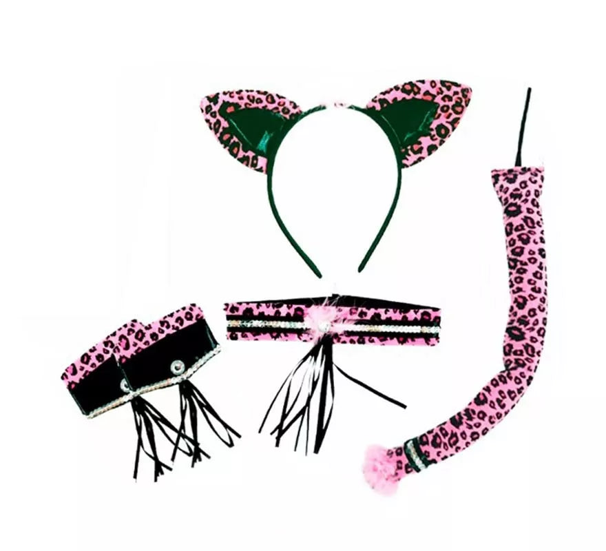 Translation missing: en.Kit de Leopardo negro y fucsia adulto: Diadema, Collar, Muñequeras y Cola