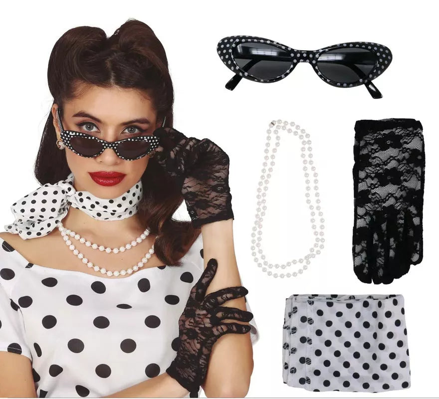 Kit de los Años 50: Cinta, Gafas, Collar y Guantes