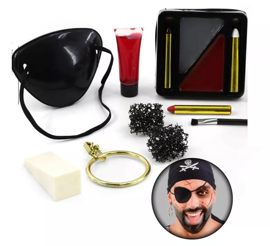 Kit de Maquillaje Pirata Fx: Parche, Tubo, Esponjas, Brochas y Arete