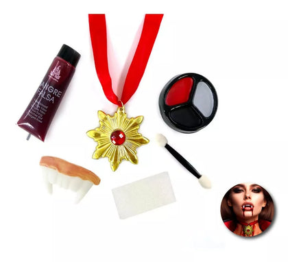Kit de Maquillaje Vampiro: Paleta, collar, tubo de sangre, dentadura, esponja y brocha
