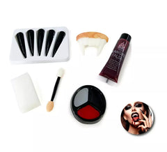 Vampire Makeup Kit: Nails, teeth, blood tube, sponge, brush and palette