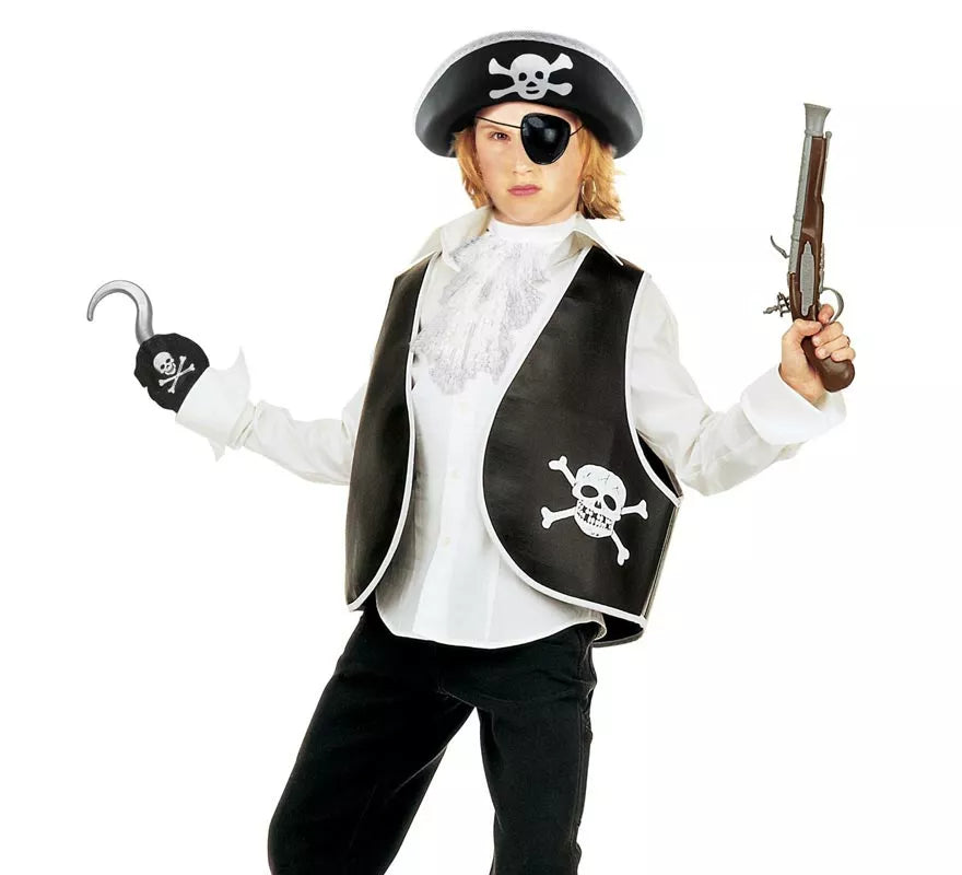Kit de Pirata Calavera infantil: Chaleco, Sombrero, Parche, Pendiente y Gancho