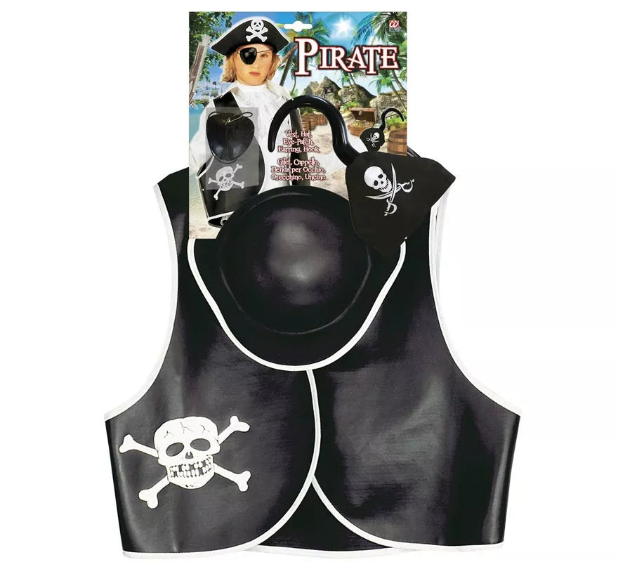 Kit de Pirata Calavera infantil: Chaleco, Sombrero, Parche, Pendiente y Gancho