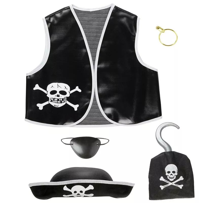 Kit de Pirata Calavera infantil: Chaleco, Sombrero, Parche, Pendiente y Gancho