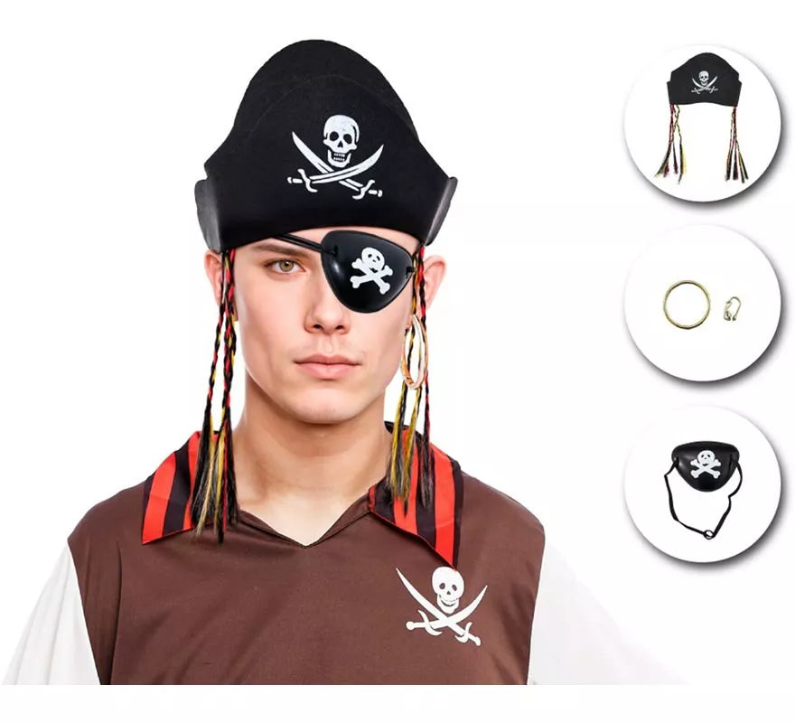 Kit de Pirata: Sombrero con Trenzas, Pendiente y Parche